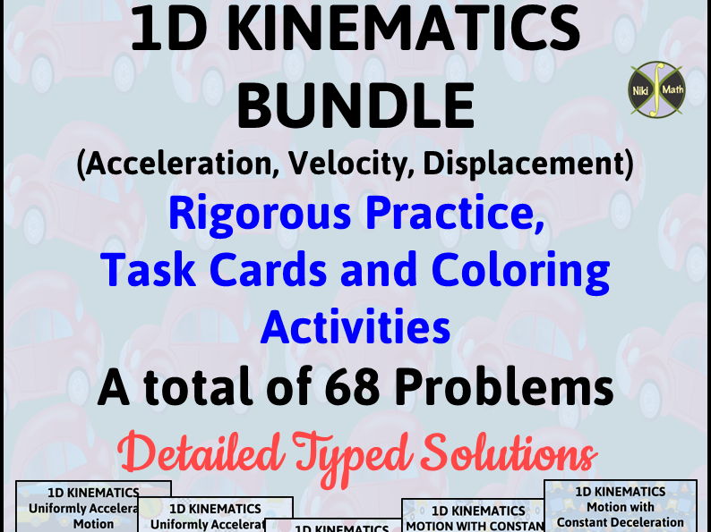 Physics: 1D Kinematics BUNDLE of 5 products, 68 Problems, Typed Solutions