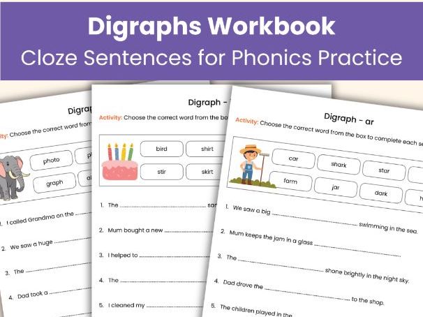 Digraphs Cloze Sentences Worksheets | Phonics Practice for Kids Aged 5-7