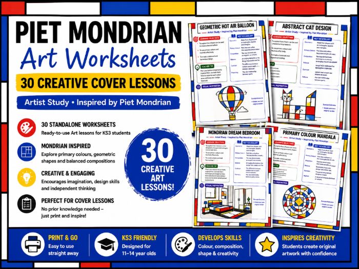 Piet Mondrian Art Worksheets | 30 KS3 Art Cover Lessons | Artist Study Activities
