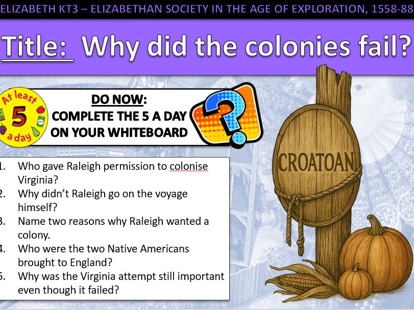 History GCSE Elizabeth Edexcel KT3 L8 Why the Colonies Failed (Fully Resourced).