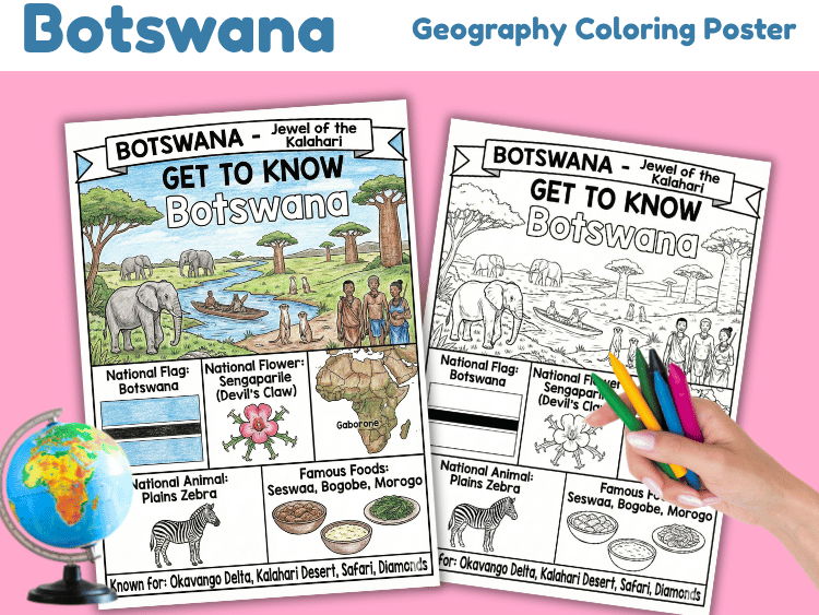 Botswana Geography Coloring Poster | Country Study Worksheet