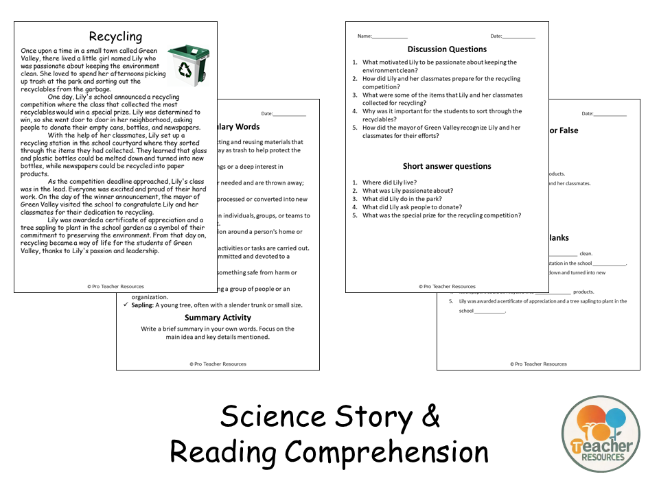 Recycling Reading Science Story Comprehension Questions Worksheet ...