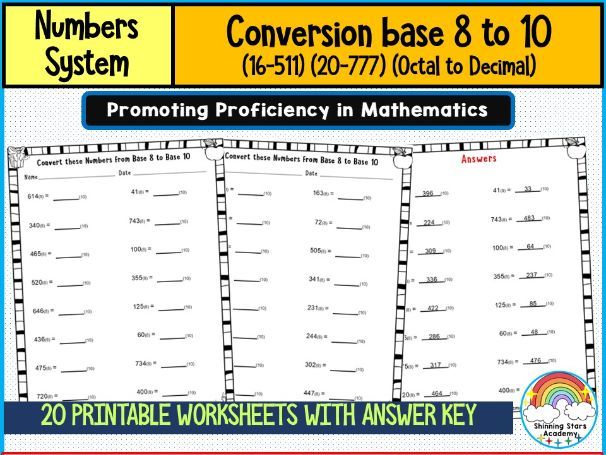 Conversion Base 8 to 10 (16–511) Number System Worksheets | Octal to Decimal Conversion Practice