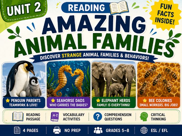 Strange Animal Families & Behavior Reading Comprehension Worksheet | ESL Grade 5–7 | No Prep PDF