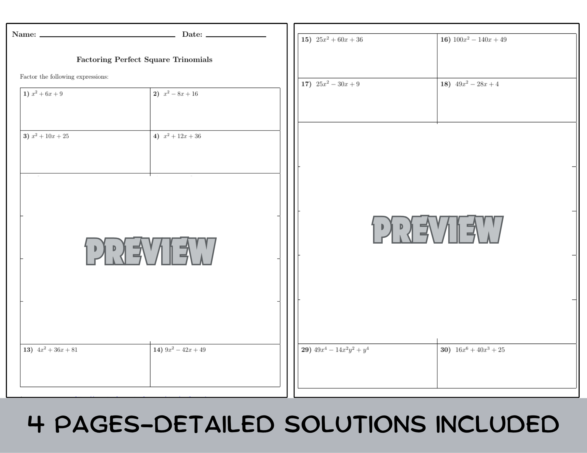 Factoring Perfect Square Trinomials Worksheet (with solutions ...