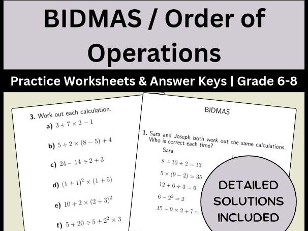 BIDMAS / Order of Operations | Practice Worksheets & Answer Keys | Grade 6-8