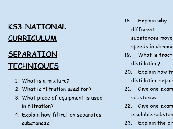 KS3 Chemistry: Separation Techniques – 30 Question Retrieval Worksheet