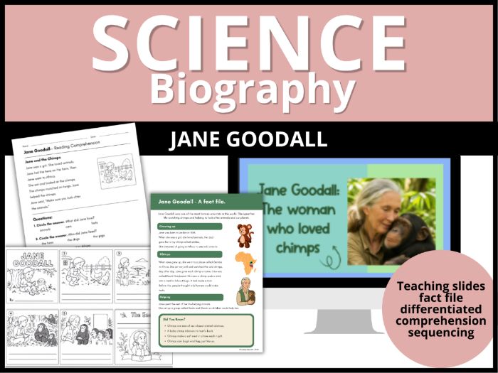 Jane Goodall Teaching Slides Differentiated Reading Comprehension Pack Years 1-2