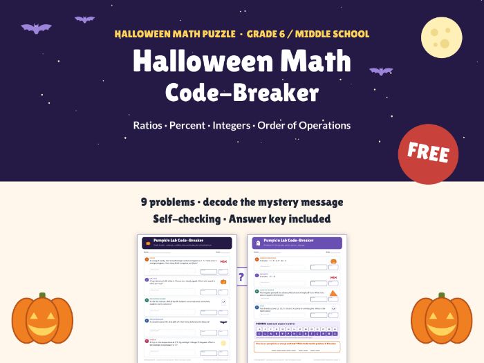 FREE Halloween Math Puzzle | Ratios, Percent, Integers Code-Breaker | Grade 6 Middle School