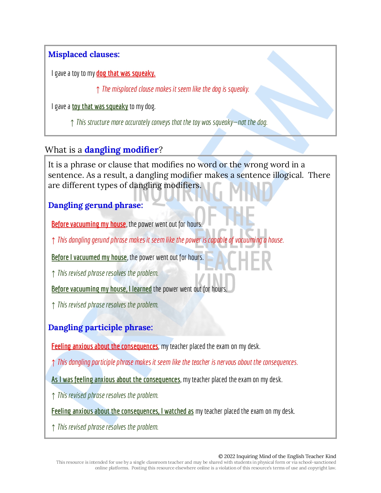 Grammar Worksheet On Misplaced And Dangling Modifiers Teaching Resources