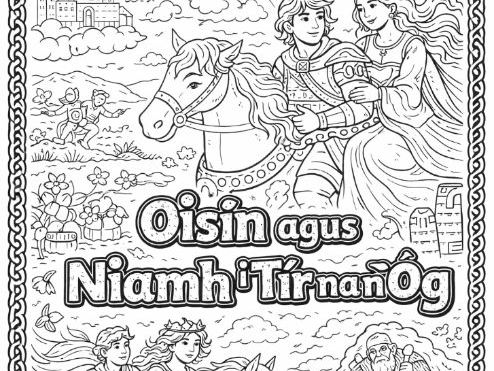 Oisín agus Niamh i dTír na nÓg Irish mythology Colouring page