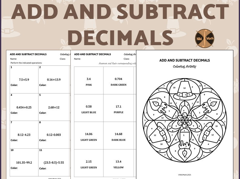 Add and Subtract Decimals - Thanksgiving Themed Coloring Activity