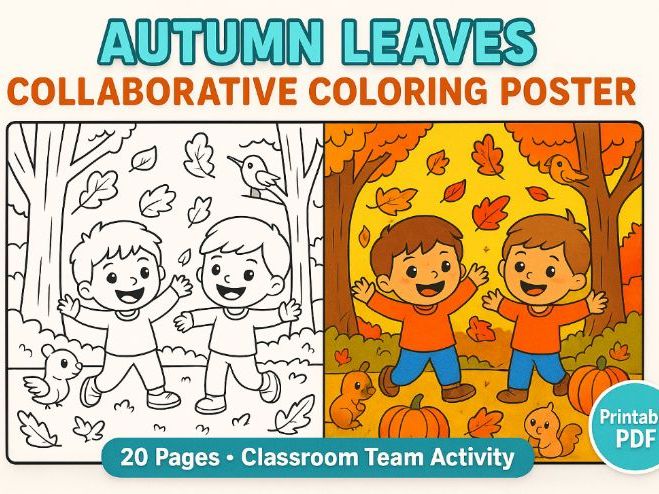 Autumn Leaves Classroom Collaborative Coloring Poster – Fall Kids Activity | Large Printable Colorin