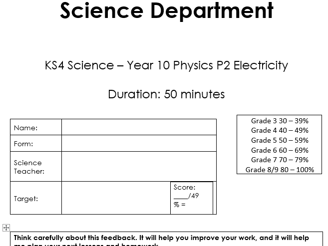 KS4 AQA Physics or Combined Science P2 Electricity Assessment