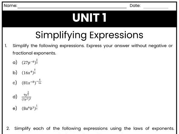 IB Math AI Worksheet AHL 1.10 - Simplifying Expressions