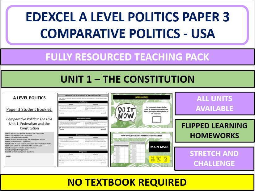 Edexcel A Level Politics Paper 3 USA Unit 1 Booklet + PowerPoint Full Teaching Pack (Constitution)