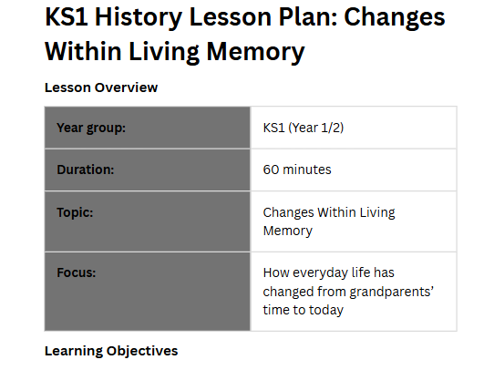 FREE: History Lesson Plan: Changes Within Living Memory