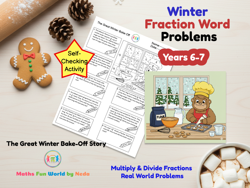 Year 5 & 6 Maths Revision Activity: Winter Fraction Word Problems (Self-Checking)