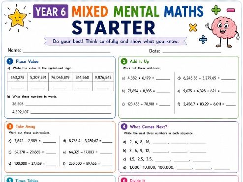 Year 6 Mixed Mental Maths Starter | KS2 Maths Starter Activity | Daily Maths Practice Worksheet