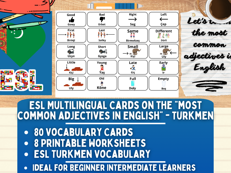 ESL Multilingual Vocabulary Flashcards - Most Common Adjectives - Turkmen
