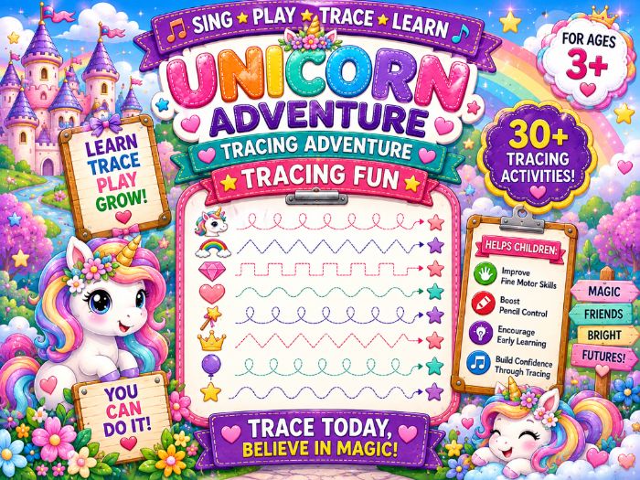 Unicorn Tracing Worksheets | Fine Motor Skills, Pencil Control & Pre-Writing Activities |Preschool–1