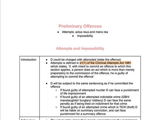 OCR A-Level Law Paper 1: Preliminary Offences A* Revision Notes