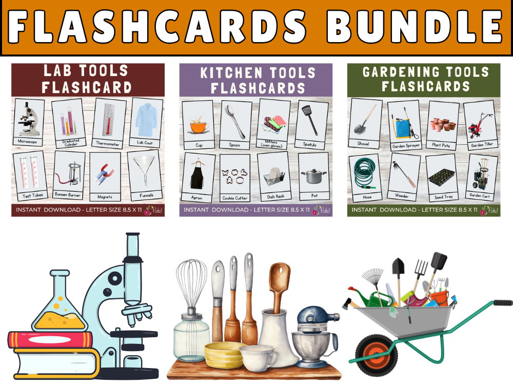 Tools Flashcards Bundle | Lab Tools, Kitchen Tools & Gardening Tools Flashcards