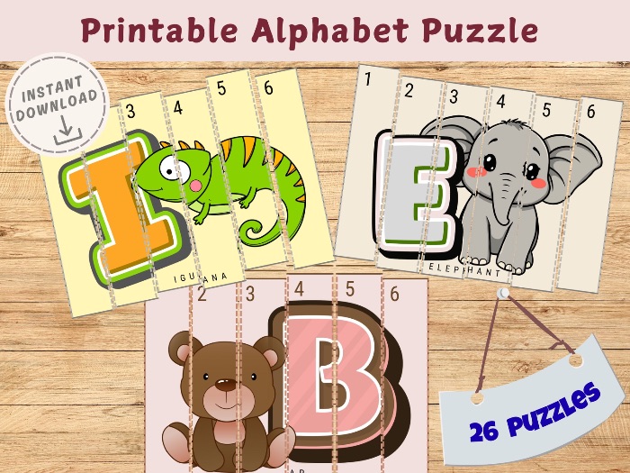 Animal alphabet puzzle for toddler, Easy print and make puzzle