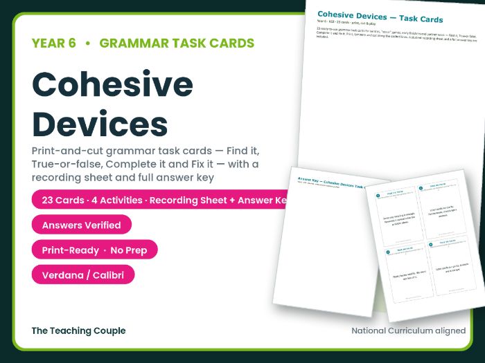 Year 6 Cohesive Devices Task Cards – 23 Grammar Cards + Answer Key