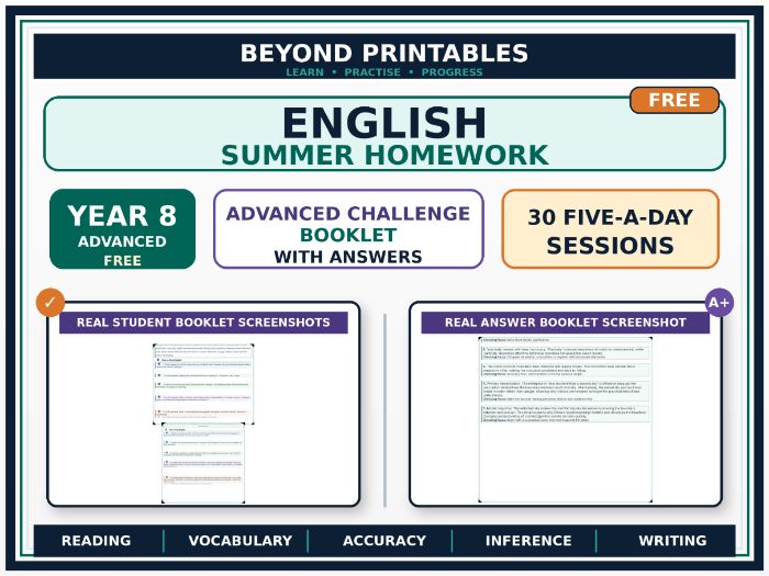 FREE English Summer Homework Booklet Year 8 – Advanced Challenge with Answers
