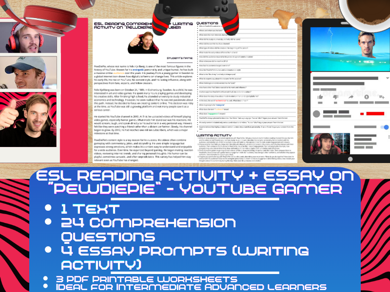 ESL Reading Comprehension + Writing Activity - PewDiePie - Youtube Gamer