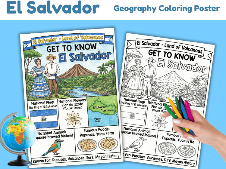 El Salvador Geography Coloring Poster | Country Facts & Culture