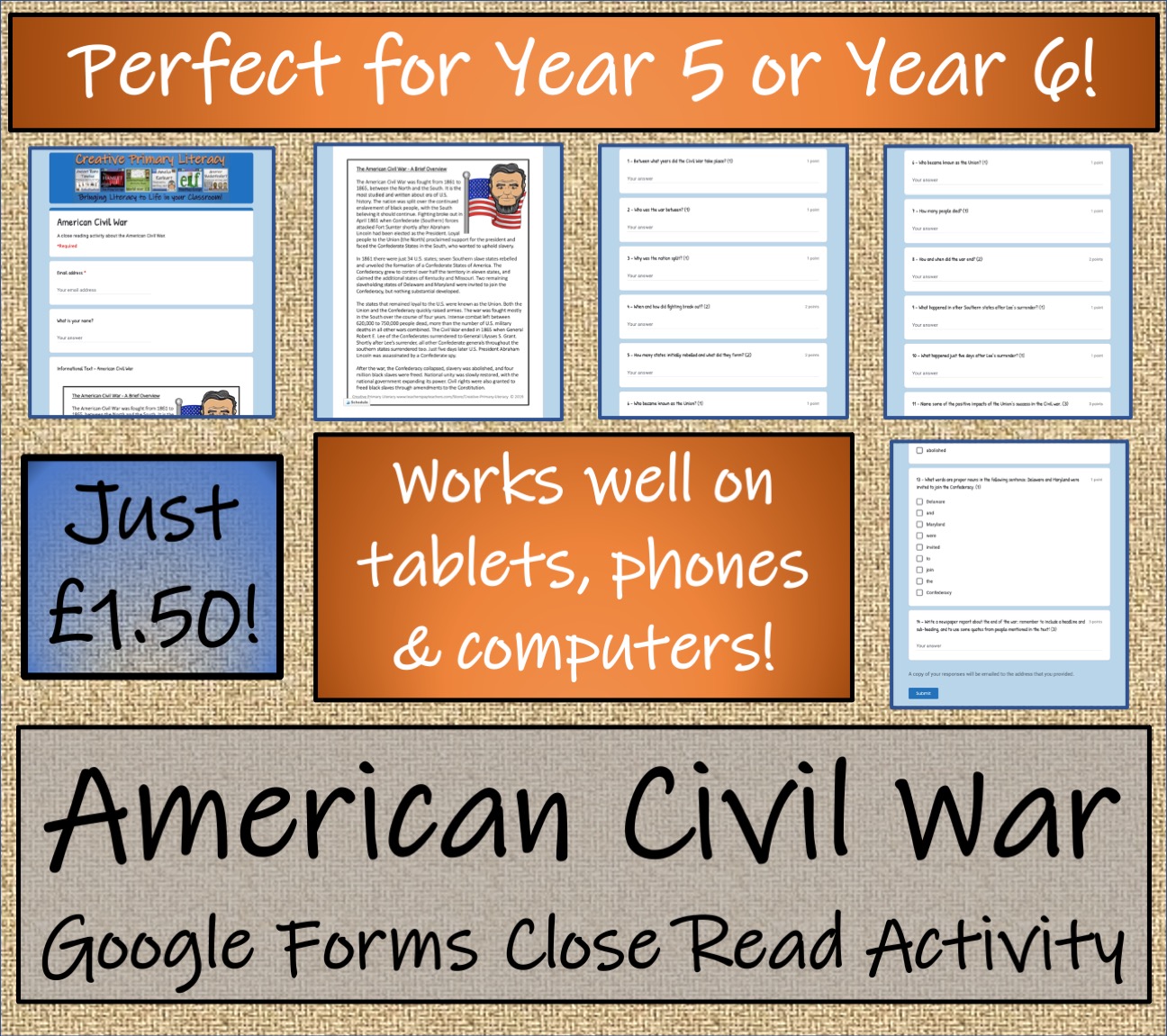 UKS2 American Civil War Reading Comprehension Distance Learning 