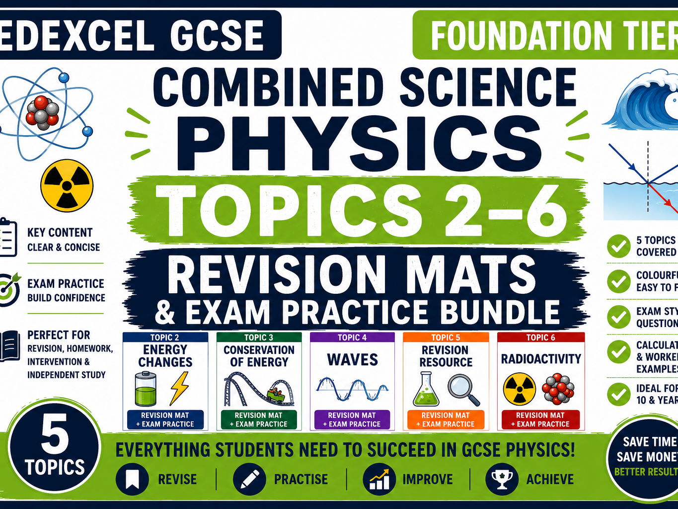 Edexcel GCSE Combined Science Physics Revision Mats & Exam Practice Bundle (Topics 2–6) | Foundation Tier