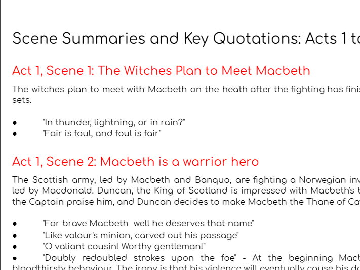 Macbeth Scene Summaries and Key Quotations ALL Teaching Resources