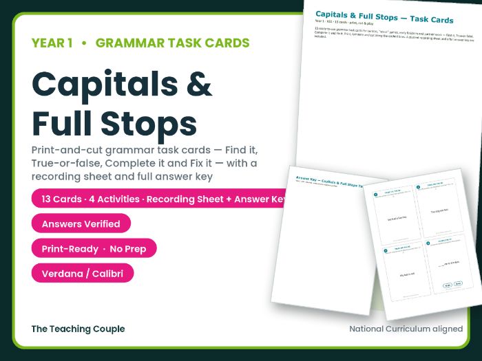 Year 1 Capitals & Full Stops Grammar Task Cards + Answer Key