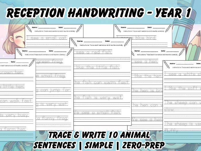 Reception EYFS Year 1 Animal Sentence Tracing Handwriting Practice, Trace, Rewrite (10 pages)