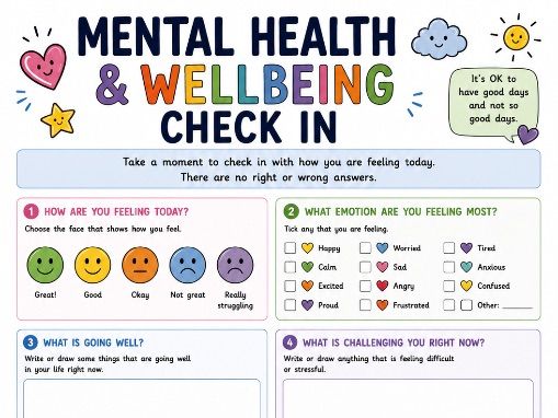 Mental Health and Wellbeing Check-In | KS1 & KS2 PSHE | Emotional Wellbeing Worksheet