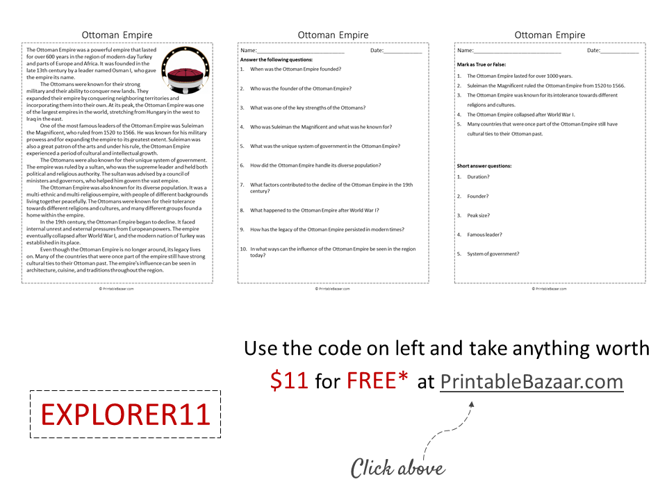 Ottoman Empire Reading Comprehension Passage Printable Worksheet | Teaching Resources