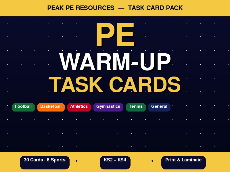 PE Warm-Up Task Cards | 30 Cards | 6 Sports | KS2 KS3 KS4 | Print & Laminate | No Prep