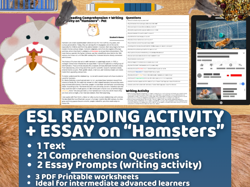 ESL Reading Comprehension + Writing Activity Worksheets - Hamster - Pets