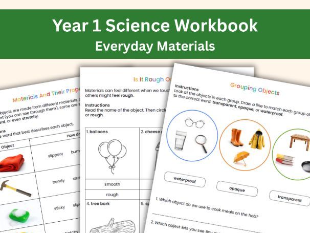 Year 1 Science Workbook | Everyday Materials | UK National Curriculum | 16 Worksheets