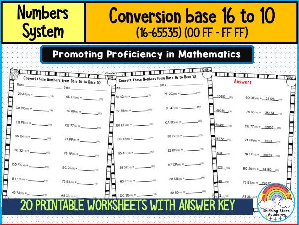 Conversion Base 16 to 10 (16–65535) Numher System Worksheets Hexadecimal to Decimal Conversion Pract