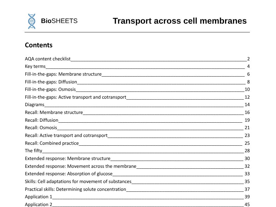 AQA A-Level Biology: 2.5 Membrane transport – BioSHEETS Complete Study & Practice Pack