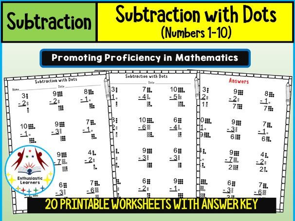 Subtraction with Dots (1–10) Long Format Beginner Level Worksheets Practice Activity
