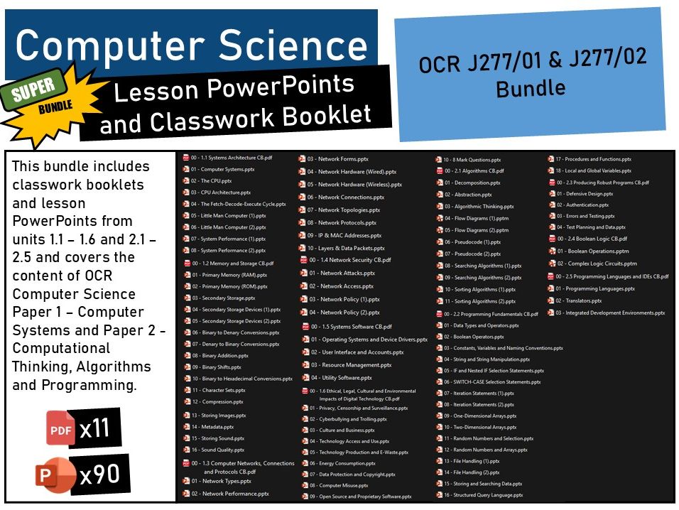 OCR GCSE Computer Science (J277/01 and J277/02) Lesson PowerPoints and Classwork Booklet BUNDLE