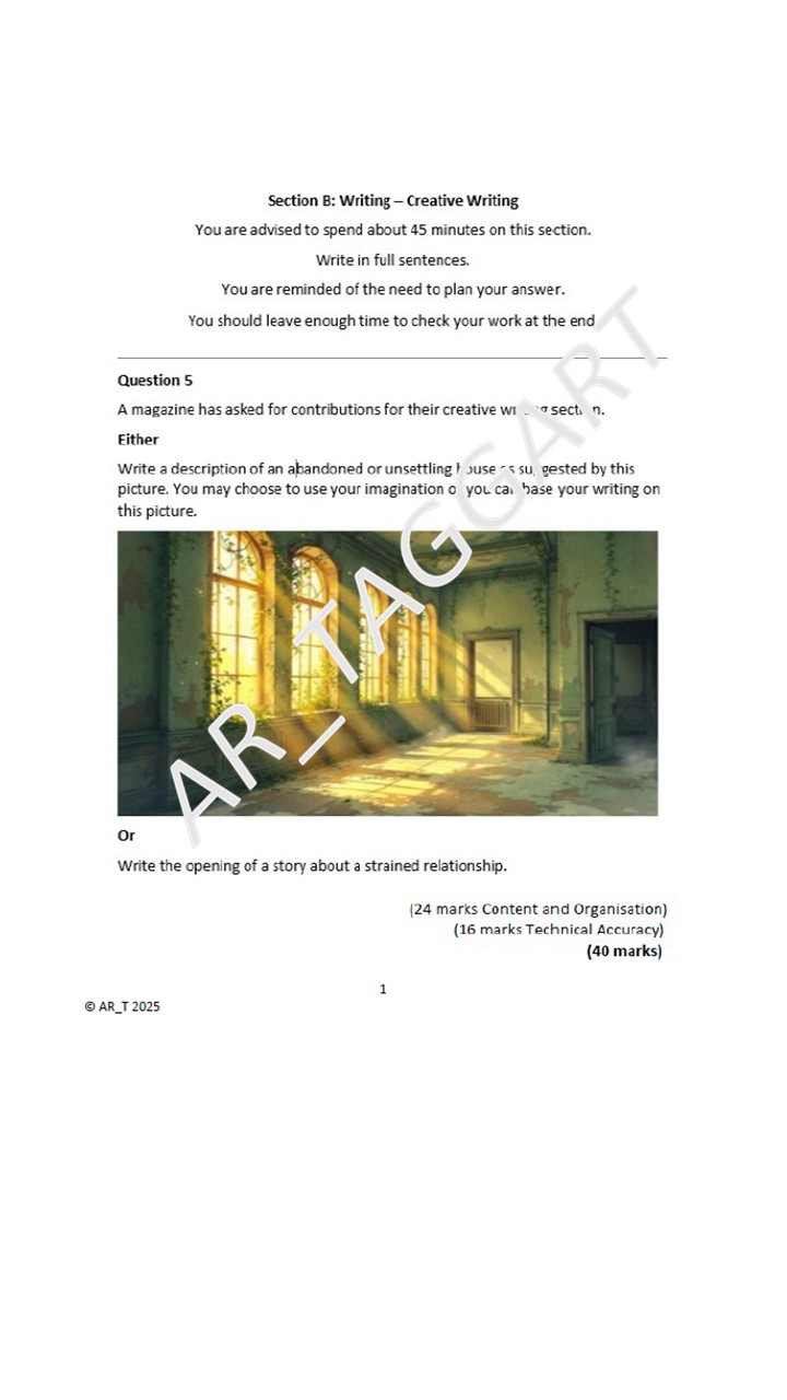 ORIGINAL AQA (2026) GCSE English Language Paper 1 AO SA Grid + Q5