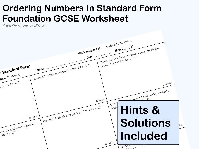 GCSE Maths Worksheet: Ordering Numbers In Standard Form - Foundation Tier
