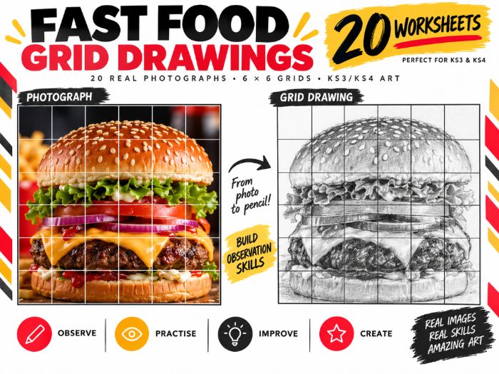 Fast Food Grid Drawing Worksheets | 20 Photography-Based Drawing Activities | KS3 & KS4 Art