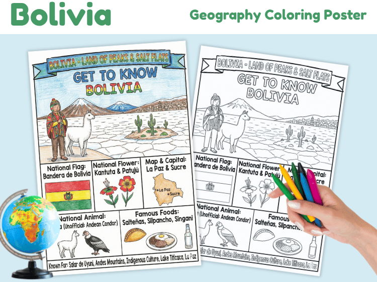 Bolivia Geography Coloring Poster | Country Facts Worksheet